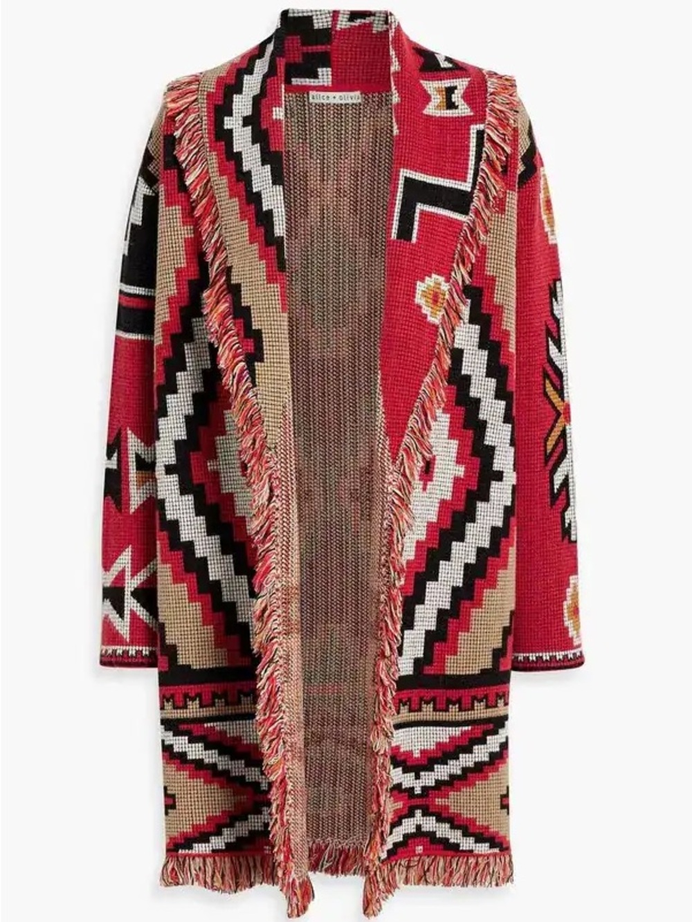Alice + Olivia Red Black Cream Geometric Fringed Open Cardigan